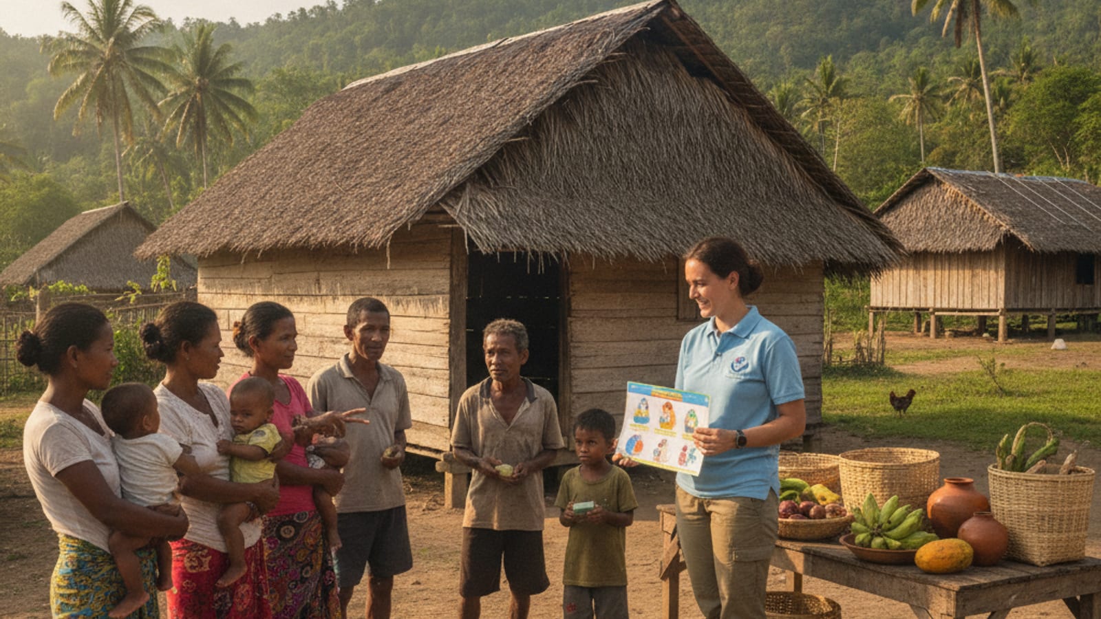 A community health worker in a rural Timor-Leste village interacting with residents.