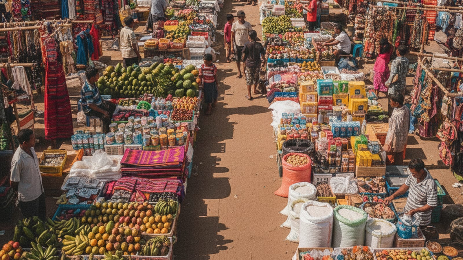 A bustling street market in Dili, Timor-Leste, filled with various goods and people, symbolising economic activity and trade.