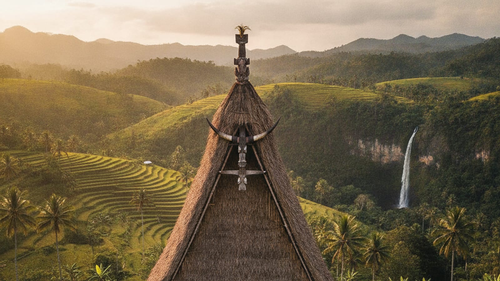 Traditional Timorese 'uma lulik' (sacred house) with intricate carvings and a natural green landscape backdrop.