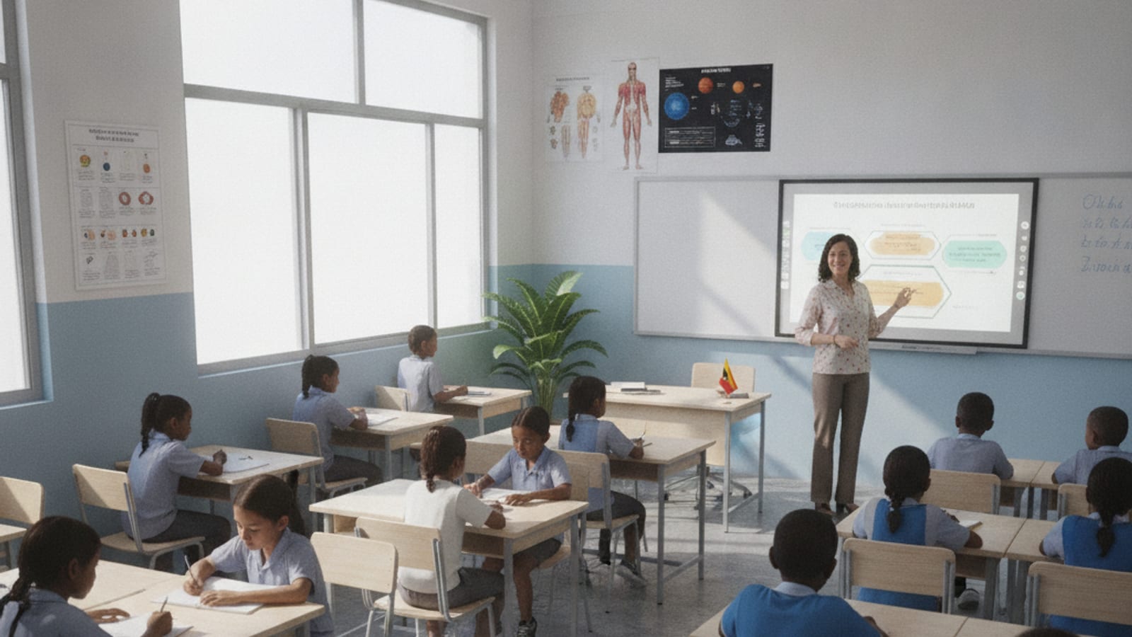 Students and a teacher in a modern classroom in Dili, symbolizing educational development and future workforce potential.