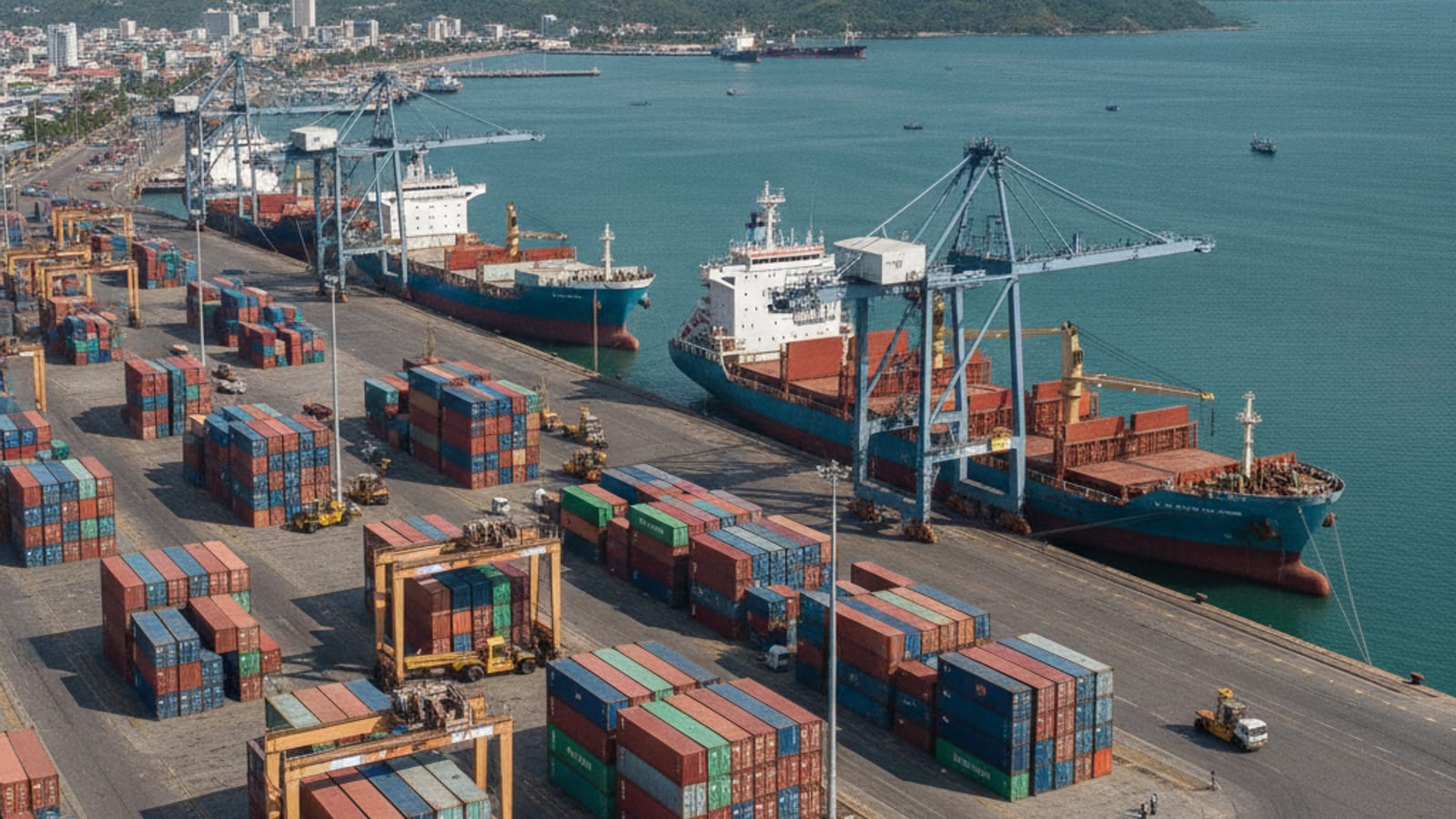 Cargo ships docked at Dili port, with containers being loaded and unloaded, symbolising international trade.
