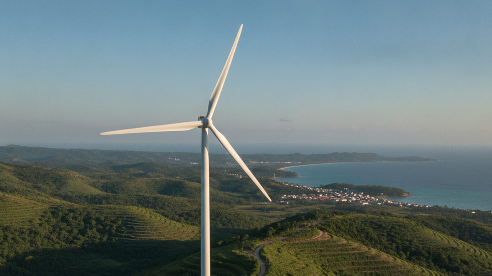 Wind turbine generating power in a green landscape of Timor-Leste.
