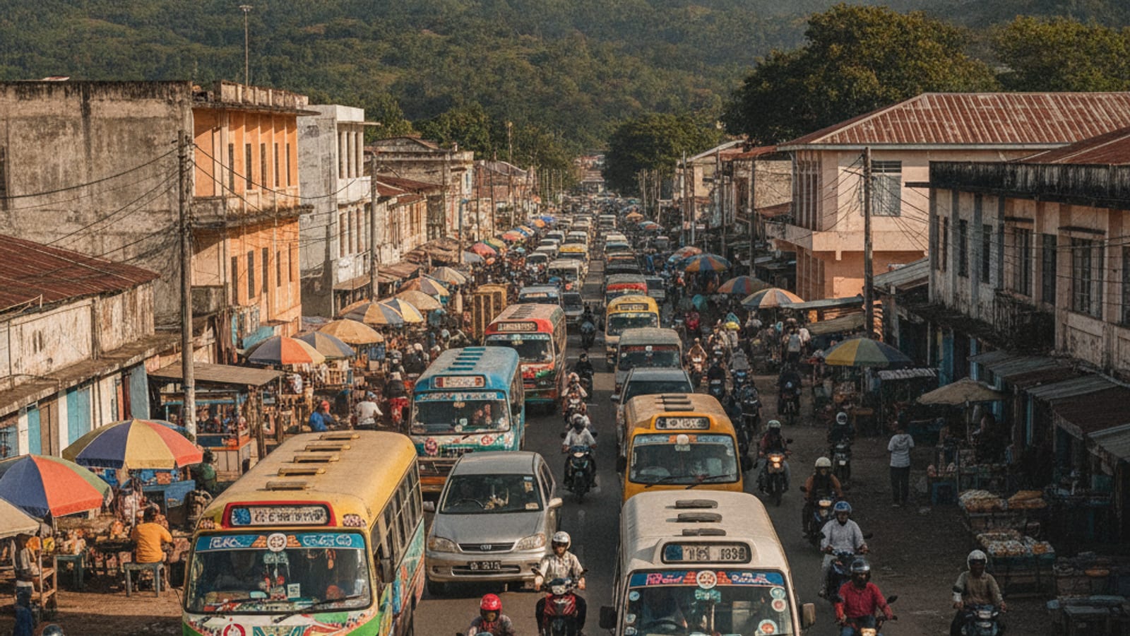 A street in Dili with various vehicles, including a microlet, suggesting the daily transport environment.