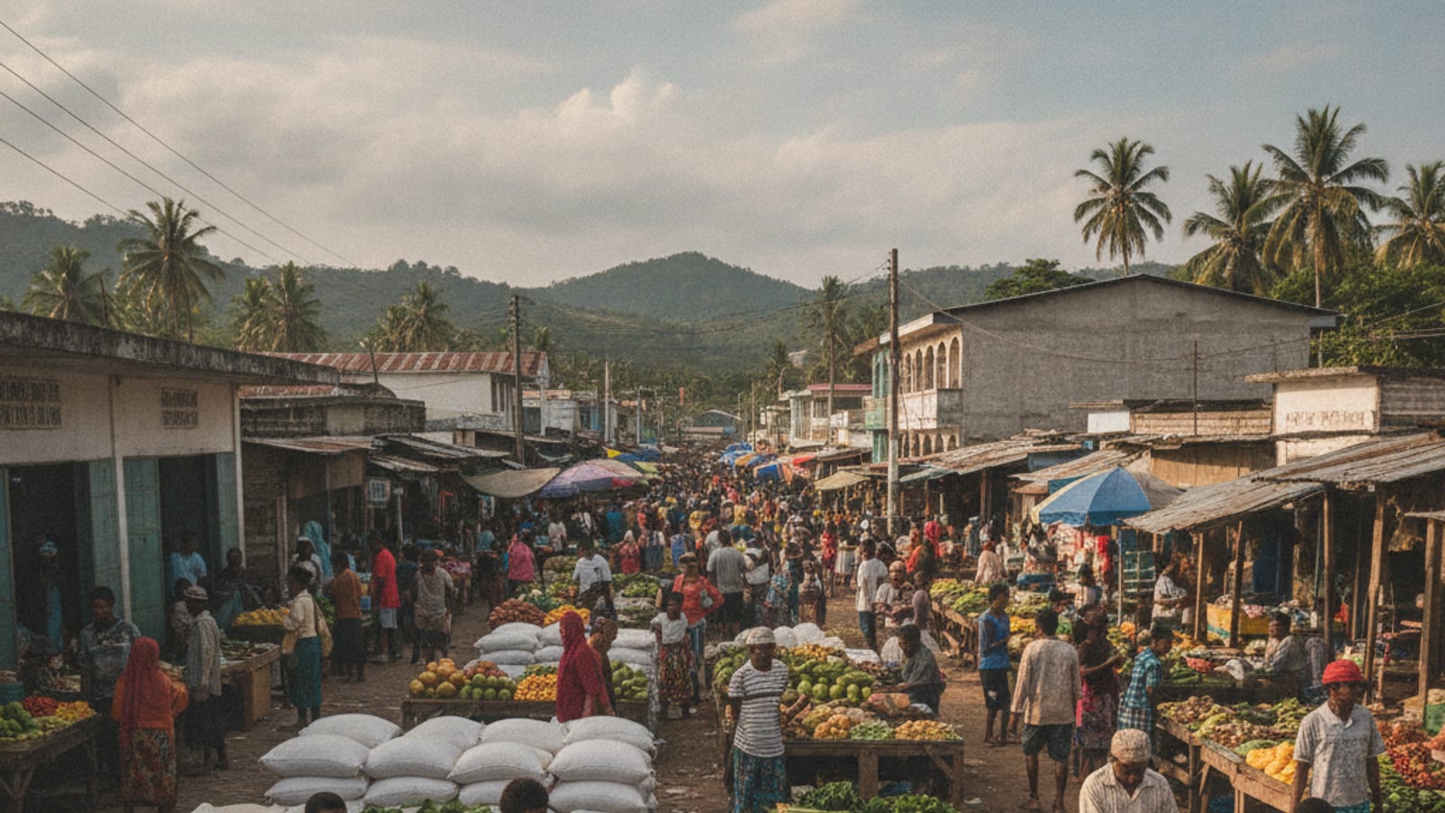 A busy market scene in Dili, Timor-Leste, with vendors selling rice and other food items.
