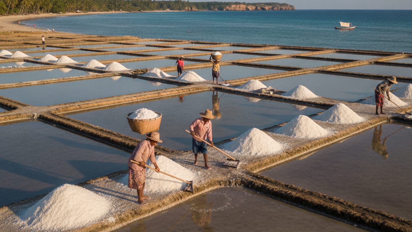 Traditional salt pans in Timor-Leste, with workers harvesting salt.