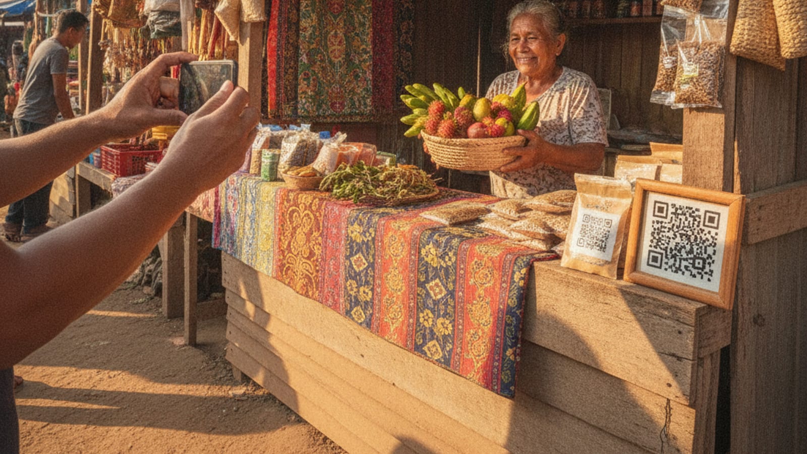 A person scanning a QR code with a smartphone to make a payment at a market stall in Dili, Timor-Leste.