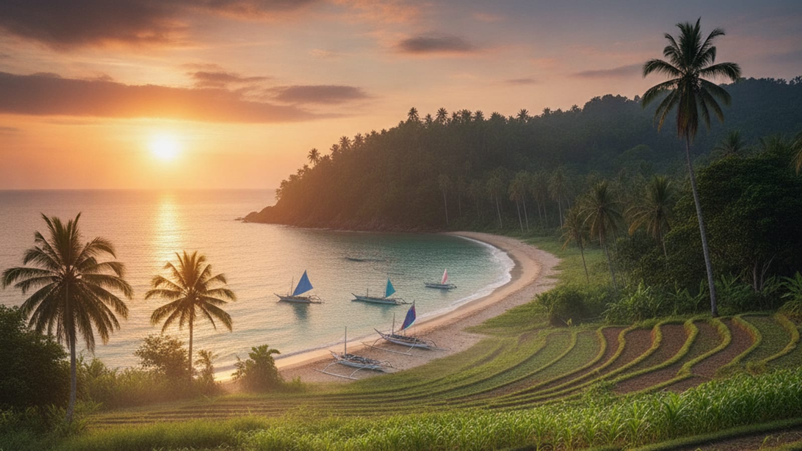 A Timorese farmer working in a green field with traditional fishing boats on the coast in the background, symbolizing agriculture and fisheries.