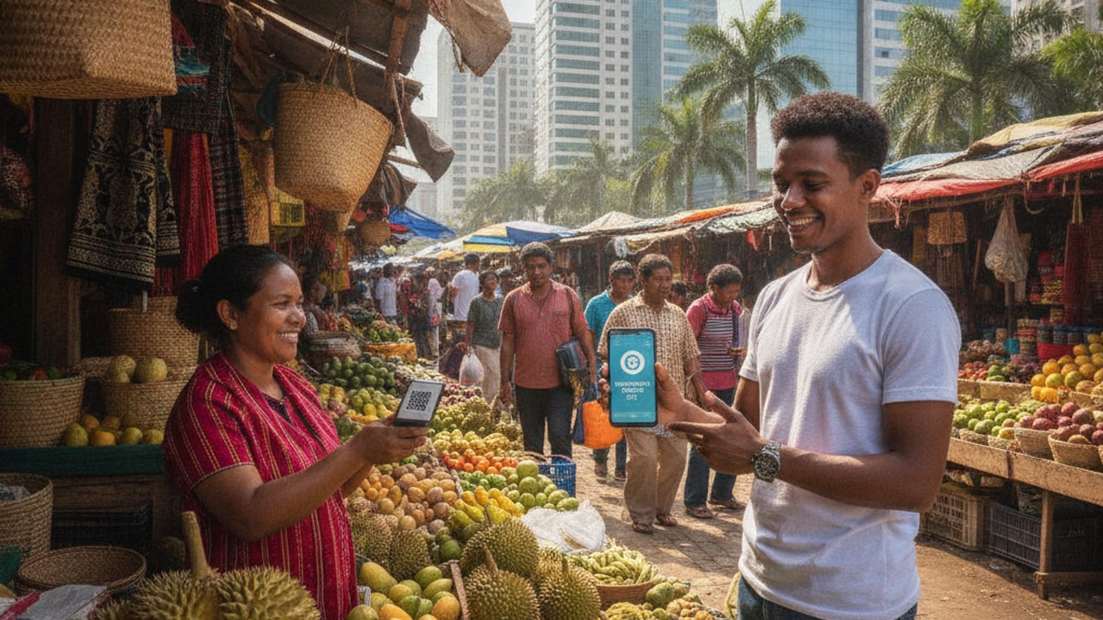 A person making a digital payment on a smartphone in Dili, symbolizing modern financial transactions.