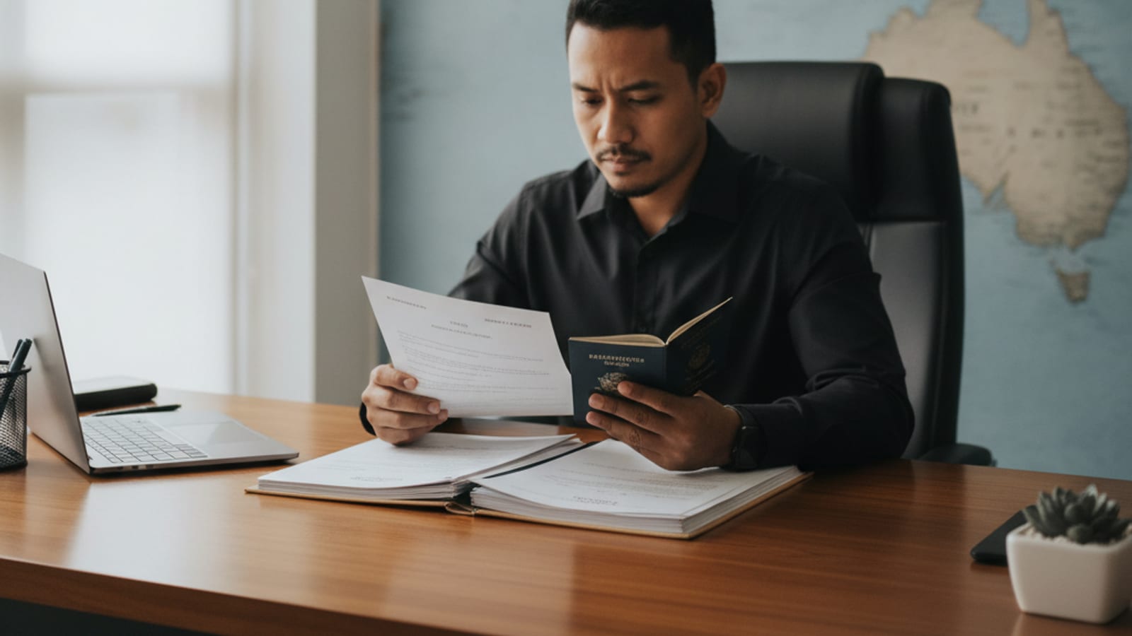A person examining immigration documents and a passport, symbolising due diligence in international recruitment.