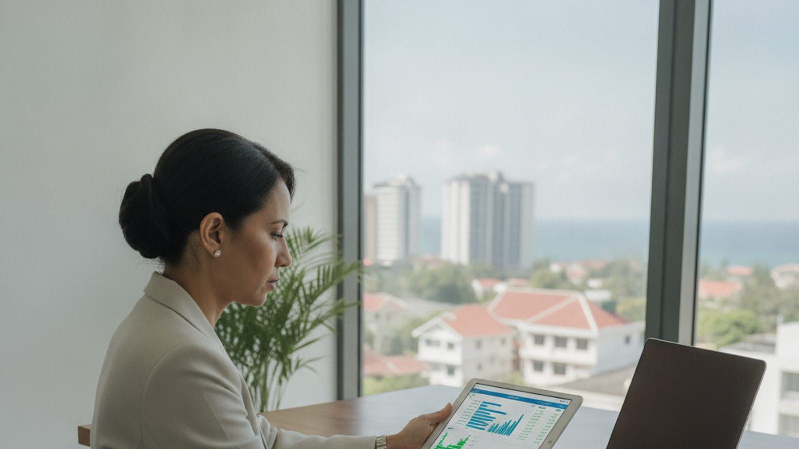 A business owner in Dili reviewing a profit and loss statement on a tablet.
