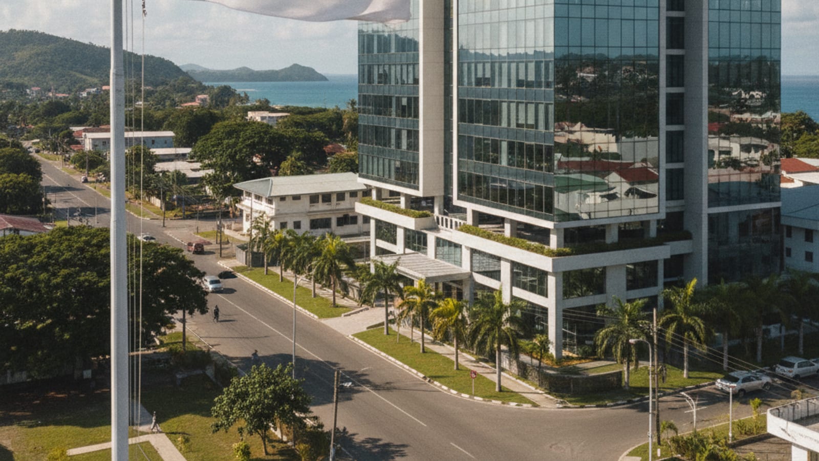 Modern office building in Dili, with a UN flag in the background, symbolising international development efforts.