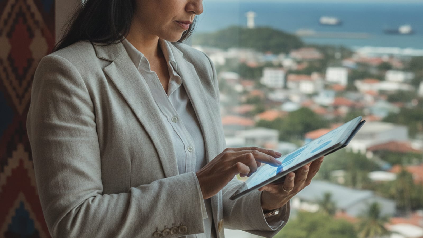 A person reviewing financial data on a tablet, with a Dili cityscape in the background, symbolising business analysis in Timor-Leste.