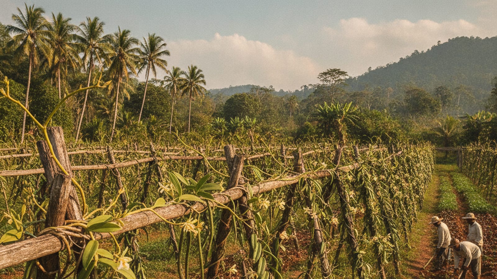 Vanilla orchids growing on vines in a Timorese agricultural field.
