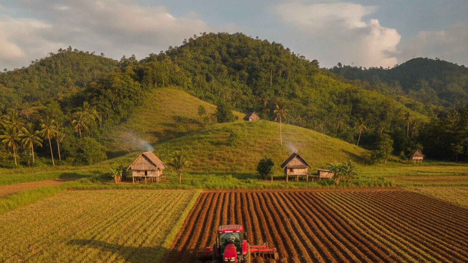 A large tractor working a field in rural Timor-Leste, preparing land for planting.