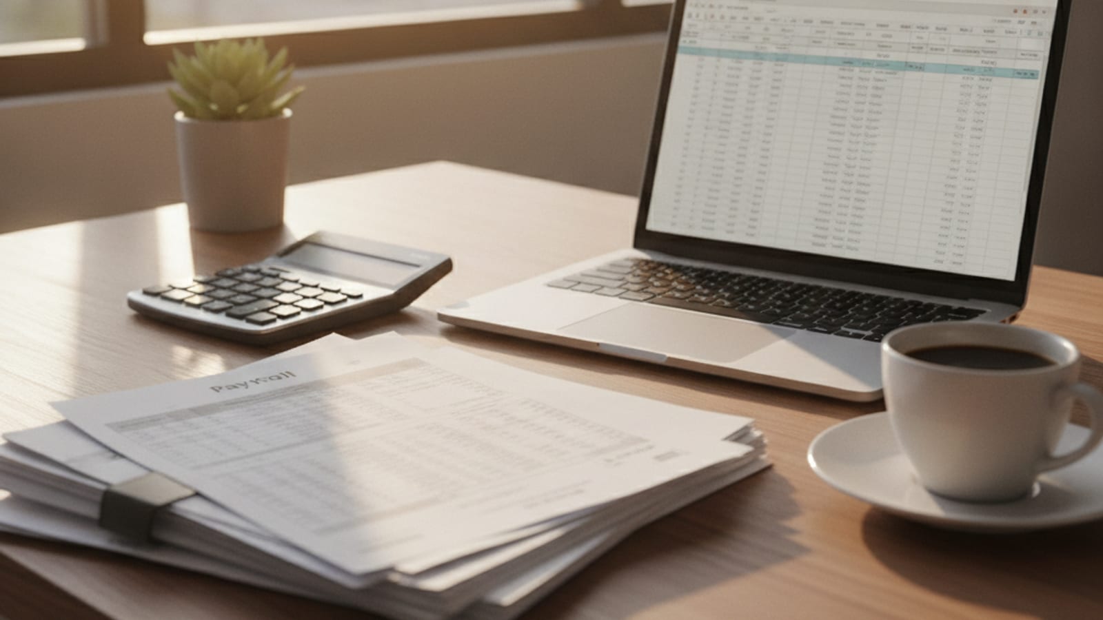 A tidy desk with payroll documents, a calculator and a laptop in warm light