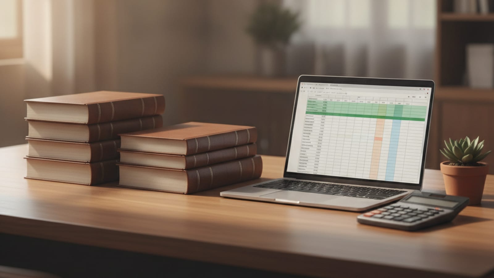 Stacked ledger books, a laptop and a calculator on a desk in warm light