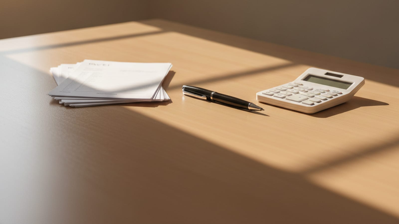 A neat desk with a stack of paper invoices, a pen and a calculator