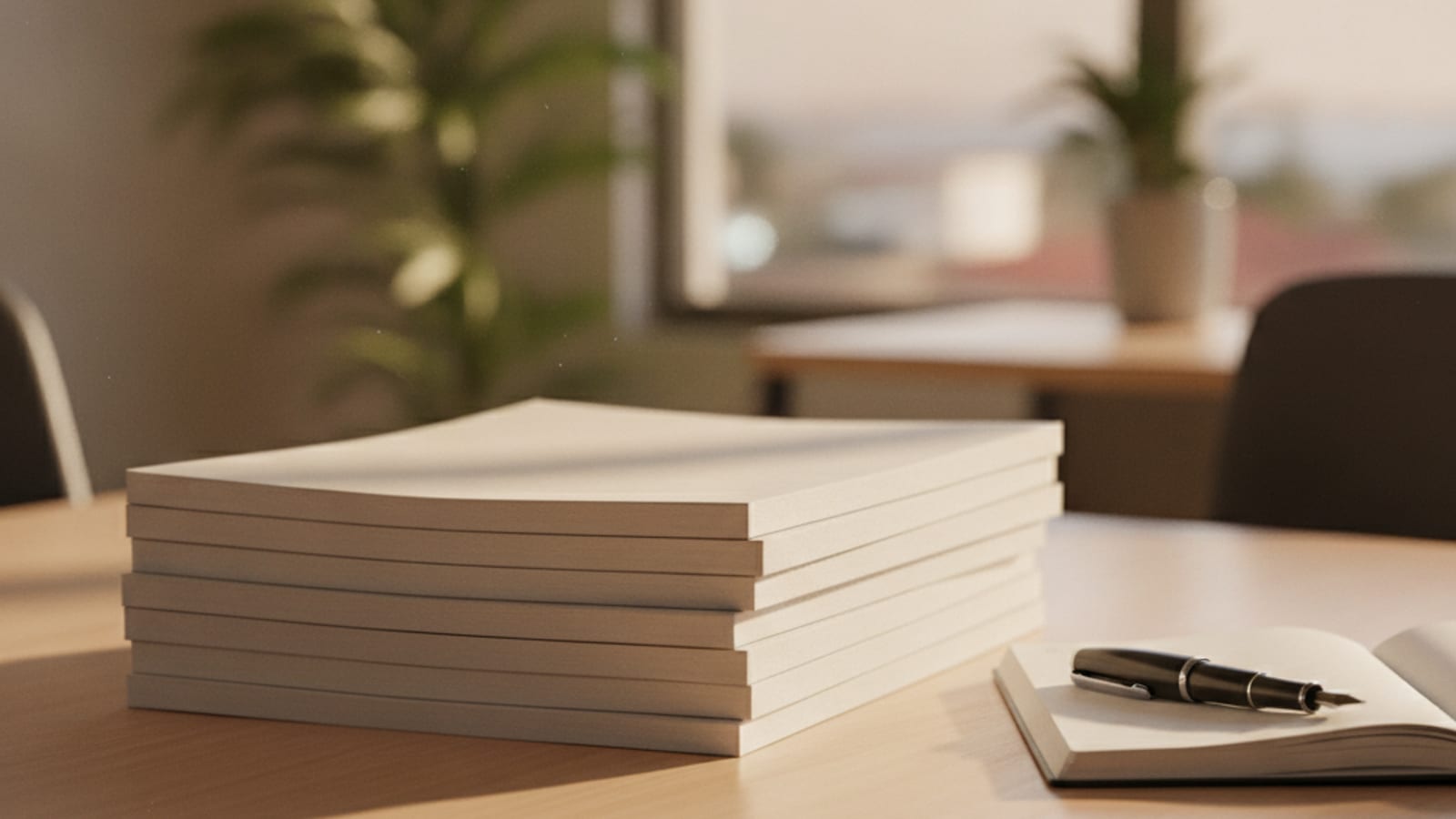 A stack of bound report documents and a pen on a desk
