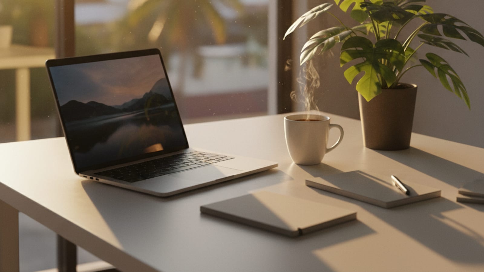 Warm late-afternoon light over a tidy desk with a laptop and coffee